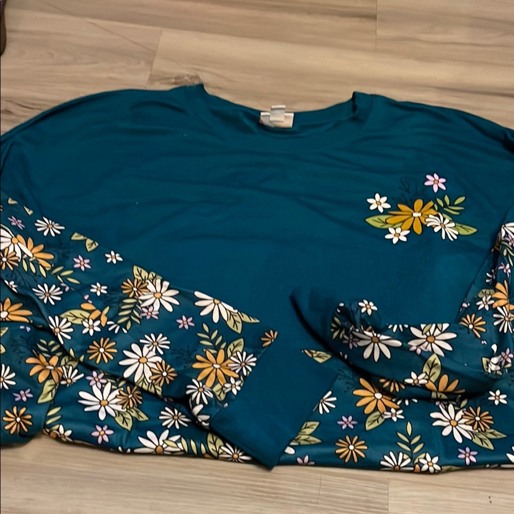 Teal Floral Long Sleeve Sweatshirt Top